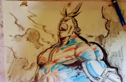 Rule 34 | 1boy, all might, blonde hair, boku no hero academia, eyebrows, highres, laughing, long sleeves, male focus, marker (medium), official art, sleeves past elbows, solo, traditional media, umakoshi yoshihiko
