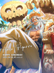 Rule 34 | 1boy, abs, absurdres, avalo pizarro, beard, character name, closed mouth, crossed legs, crown, dated, day, facial hair, gauntlets, gem, grey hair, hand rest, hand up, highres, horns, jewelry, long hair, looking at viewer, male focus, muscular, muscular male, mustache, necklace, no eyebrows, one piece, outdoors, palm tree, pants, pearl (gemstone), pearl necklace, pectorals, pirate, sitting, skull, skull and crossbones, slit pupils, smile, stomach, throne, tree, twitter username, white horns, youkan (tako)