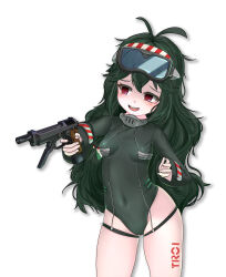 Rule 34 | 1girl, @ @, azur lane, bare legs, blush, bodysuit, breasts, covered navel, curvy, dedorudy, diving suit, green hair, heart, highleg, highleg swimsuit, highres, holding, holding weapon, long hair, messy hair, naughty face, one-piece swimsuit, open mouth, red eyes, shiny skin, small breasts, smile, solo, standing, swimsuit, thighs, torricelli (azur lane), very long hair, weapon, wetsuit, white background