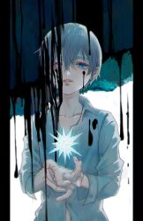 Rule 34 | 1boy, astresia, bishounen, blue eyes, blue hair, ciel phantomhive, collarbone, collared shirt, commentary, dark blue hair, dripping, earrings, english commentary, floating, floating object, hair between eyes, heterochromia, highres, holding, ink, jewelry, kuroshitsuji, looking at viewer, male focus, parted lips, pillarboxed, pink eyes, shirt, short hair, solo, white shirt