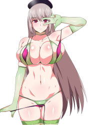 Rule 34 | 1girl, bikini, bikini pull, blush, braid, breasts, cleavage, closed mouth, clothes pull, collarbone, commentary request, elbow gloves, empty eyes, expressionless, fate/grand order, fate (series), florence nightingale (fate), florence nightingale (trick or treatment) (fate), gloves, green bikini, green gloves, green thighhighs, grey hair, hair down, hat, highres, kagemusha, large breasts, latex, latex gloves, layered bikini, legs together, long hair, looking at viewer, nurse, nurse cap, official alternate costume, pink bikini, see-through, shiny skin, simple background, skindentation, solo, standing, swimsuit, thigh gap, thighhighs, thighs, v, v over eye, white background