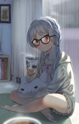 Rule 34 | 1girl, absurdres, barefoot, blush, crossed legs, cup, feet, glasses, grey hair, highres, holding, holding cup, indian style, looking at viewer, loungewear, nyaa5rou, original, red eyes, sitting, soles, solo, steam, stuffed animal, stuffed cat, stuffed toy, tsundere, twintails