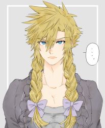 Rule 34 | ..., 1boy, blonde hair, blue eyes, border, bow, braid, cloud strife, collarbone, crossdressing, dress, fe79793, final fantasy, final fantasy vii, final fantasy vii remake, frilled dress, frills, frown, grey background, grey dress, hair between eyes, hair bow, hair over shoulder, highres, long hair, looking at viewer, male focus, official alternate costume, purple bow, solo, spiked hair, square enix, twin braids, upper body, wall market