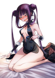 Rule 34 | 1girl, arm warmers, bare hips, bare shoulders, bed sheet, black dress, black footwear, blue eyes, blunt bangs, blush, breasts, center opening, cluseller, collarbone, double bun, dress, ear blush, fate/grand order, fate (series), female focus, floral print, full body, fur collar, fur trim, hair bun, hair rings, half-closed eyes, hand up, happy, high heels, highres, holding, kneeling, lap pillow invitation, long hair, looking at viewer, medium breasts, nose blush, open mouth, purple hair, revealing clothes, ribs, seiza, shoes, short dress, side slit, sitting, sleeveless, sleeveless dress, smile, solo, teeth, twintails, wide hips, yang guifei (fate), yang guifei (first ascension) (fate)
