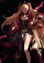 Rule 34 | 1girl, absurdres, asymmetrical legwear, between breasts, black background, black thighhighs, blonde hair, breasts, buckle, cape, commentary request, detached collar, earrings, ereshkigal (fate), fate/grand order, fate (series), fingerless gloves, gloves, glowing, glowing weapon, gold trim, hair ribbon, highres, holding, holding weapon, infinity symbol, jewelry, long hair, looking at viewer, multicolored cape, multicolored clothes, naemperor, necklace, parted bangs, red cape, red eyes, red ribbon, ribbon, single thighhigh, skull, solo, spine, thighhighs, tiara, torn clothes, two side up, uneven legwear, weapon, yellow cape
