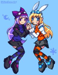 Rule 34 | blonde hair, digimon, goggles, goggles on head, hat, long hair, looking at viewer, purple hair, sayo (digimon), skirt, smile