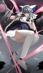 Rule 34 | 1girl, absurdres, animal ears, apron, aqua eyes, aqua hair, azur lane, black footwear, breasts, cheshire (azur lane), detached collar, detached sleeves, double v, dress, fake animal ears, frilled hairband, frilled ribbon, frills, full body, hairband, high-low skirt, highres, large breasts, long hair, long ribbon, maid headdress, maren95143, multicolored hair, puffy detached sleeves, puffy sleeves, purple apron, purple hair, ribbon, shoes, solo, streaked hair, thighhighs, thighs, two-tone hair, v, white dress, white thighhighs, wrist cuffs