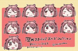 Rule 34 | &gt; &lt;, 1girl, :3, ahoge, animal, animal on head, blush stickers, closed eyes, commentary request, expressions, hair bobbles, hair ornament, head only, izumiyamisono, kantai collection, looking at viewer, multiple views, o o, on head, one eye closed, open mouth, pink eyes, pink hair, rabbit, rabbit on head, sazanami (kancolle), short hair, sideways glance, smile, teeth, translation request, twintails, twitter username, upper teeth only