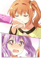 Rule 34 | 10s, 2girls, blush, brown eyes, brown hair, closed mouth, collarbone, comic, full-face blush, hand grab, multiple girls, namori, official art, open mouth, purple eyes, purple hair, release the spyce, sagami fuu, short hair, short twintails, simple background, sweat, twintails, yachiyo mei