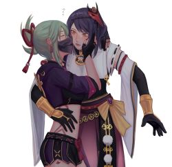 Rule 34 | 2girls, absurdres, arm around waist, blue hair, blush, closed eyes, detached sleeves, earrings, elbow gloves, fingerless gloves, genshin impact, gloves, green hair, hand on another&#039;s face, highres, japanese clothes, jewelry, kiss, kissing cheek, kujou sara, kuki shinobu, leo (ghouleo), lips, mask, medium hair, midriff, miko, mouth mask, multiple girls, simple background, surprised, white background, yellow eyes, yuri