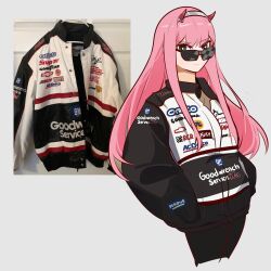 Rule 34 | 1girl, absurdres, black shorts, checkered flag, chevrolet, darling in the franxx, flag, general motors, goodyear, green eyes, hershey&#039;s, highres, holeecrab, horns, long hair, looking over eyewear, nascar, oni horns, oreo, photo-referenced, pink hair, racing, racing suit, red horns, shorts, silver hairband, simple background, solo, sponsor, straight hair, sunglasses, white background, zero two (darling in the franxx)