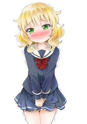 Rule 34 | 1girl, between legs, blonde hair, blue shirt, blue skirt, blush, bow, bowtie, closed mouth, collarbone, cowboy shot, embarrassed, female focus, gochuumon wa usagi desu ka?, green eyes, hand between legs, have to pee, jpeg artifacts, kirima syaro, legs together, long sleeves, looking at viewer, miniskirt, nose blush, own hands together, pleated skirt, ratryu, red bow, red bowtie, red ribbon, ribbon, sailor collar, school uniform, serafuku, shirt, short hair, simple background, skirt, solo, standing, tears, trembling, v arms, wavy mouth, white background, white sailor collar