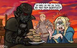 Rule 34 | 1boy, 1girl, 1other, armor, belt, blonde hair, burger, chainmail, commentary, courier (fallout new vegas), disgust, dungeon meshi, duster, elf, english commentary, english text, fallout: new vegas, fallout (series), food, fork, frown, gas mask, gloves, green eyes, grill, helmet, holding, holding knife, killb94, knife, laios touden, long hair, marcille donato, mask, ncr veteran ranger, orange sky, plate armor, pointing, pointy ears, red eyes, robe, signature, sky, smoke