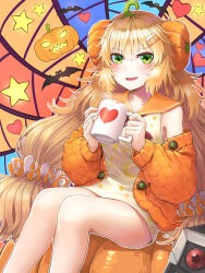 Rule 34 | 1girl, absurdres, bat (animal), blonde hair, commentary request, cup, dinergate (girls&#039; frontline), dress, feet out of frame, food-themed hair ornament, girls&#039; frontline, green eyes, hair ornament, hairclip, halloween, heart, highres, holding, holding weapon, jack-o&#039;-lantern, kokukyukeo, korean commentary, mug, off shoulder, official alternate costume, on pumpkin, open mouth, orange dress, orange sweater, pumpkin, pumpkin hair ornament, s.a.t.8 (girls&#039; frontline), s.a.t.8 (pumpkin skewers) (girls&#039; frontline), sitting, sleeveless, sleeveless dress, smile, solo, star (symbol), sweater, weapon