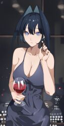 Rule 34 | 1girl, absurdres, alternate costume, bare shoulders, black hair, black nails, blue dress, blue eyes, breasts, cleavage, collarbone, commentary, cup, dress, drinking glass, hair intakes, hand up, highres, holding, holding cup, hololive, hololive english, indoors, large breasts, looking at viewer, o22no, ouro kronii, short hair, slit pupils, solo, virtual youtuber, wine glass
