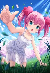 Rule 34 | 1girl, alternative girls, aqua eyes, arm support, bare shoulders, blue sky, blurry, blurry foreground, blush, bow, bracelet, breasts, buttons, cherry blossoms, cloud, cloudy sky, collarbone, day, dress, fingernails, grass, hair bow, highres, jewelry, kneeling, leaf, looking at viewer, mano sakurako, medium breasts, official art, open mouth, outdoors, pink bow, pink hair, pink petals, sky, twintails, white dress