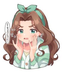 Rule 34 | 1girl, bow, brown hair, green eyes, hair bow, hands on own cheeks, hands on own face, idolmaster, idolmaster cinderella girls, kahiika, kusakabe wakaba, long hair, looking at viewer, simple background, solo, sweatdrop, thick eyebrows, thought bubble, translation request, upper body, white background