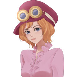 Rule 34 | 1girl, absurdres, artist name, blue eyes, cocoyashin, commentary, english commentary, frilled shirt, frills, goggles, goggles on headwear, hat, highres, koala (one piece), light brown hair, long sleeves, looking at viewer, one piece, pink shirt, purple hat, shirt, short hair, simple background, smile, solo, upper body, white background