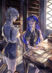 Rule 34 | absurdres, androgynous, artist name, blue eyes, blue hair, book, book stack, bookshelf, chair, dated, gem uniform (houseki no kuni), gender request, ghost quartz (houseki no kuni), grey hair, highres, houseki no kuni, lapis lazuli (houseki no kuni), long hair, looking at another, necktie, paper, short hair with long locks, sitting, smile, suspenders, table, white eyes, white hair