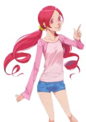 Rule 34 | 1girl, :d, akinbo (hyouka fuyou), blue shorts, floating hair, hair ornament, hair scrunchie, hanasaki tsubomi, heartcatch precure!, highres, index finger raised, long hair, long sleeves, looking at viewer, open mouth, parted bangs, pink eyes, pink shirt, precure, red hair, scrunchie, shirt, short shorts, shorts, simple background, smile, solo, standing, twintails, very long hair, white background, yellow scrunchie