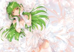 Rule 34 | 1girl, bare shoulders, breasts, bridal veil, brown eyes, c.c., cleavage, code geass, cover, cover page, creayus, detached collar, dress, dutch angle, garter straps, gluteal fold, green hair, hands on own cheeks, hands on own face, jewelry, long sleeves, medium breasts, ornate ring, panties, parted lips, ring, sidelocks, solo, thigh gap, thighhighs, underwear, veil, wedding dress, wedding ring, white dress, white panties, white thighhighs