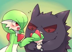 Rule 34 | 1girl, 1other, black eyes, blunt bangs, blush, bob cut, bowl cut, child, colored sclera, colored skin, creatures (company), fang, flat chest, flying sweatdrops, game freak, gardevoir, gen 1 pokemon, gen 3 pokemon, gengar, ghost, gradient background, green background, green hair, green skin, hair over eyes, hair over one eye, hand up, hands up, happy, holding, holding pokemon, light blush, looking at another, looking down, multicolored skin, nintendo, one eye covered, open mouth, own hands together, pokemon, pokemon (creature), ralts, red sclera, short hair, simple background, smile, standing, subaru331, sweat, teeth, two-tone skin, upper body, white skin