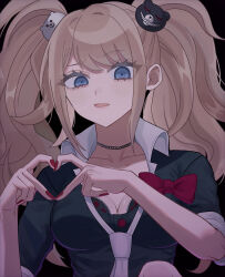 Rule 34 | 1girl, absurdres, bear hair ornament, black choker, black shirt, blonde hair, blue eyes, blush, bow, breasts, choker, cleavage, collarbone, danganronpa: trigger happy havoc, danganronpa (series), enoshima junko, hair ornament, heart, heart hands, highres, knee up, large breasts, long hair, looking at viewer, michi (michiisidayo), nail polish, necktie, red bow, red nails, shirt, sleeves rolled up, solo, twintails, upper body