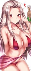 Rule 34 | 1boy, 1girl, absurdres, arm behind back, bad id, bad pixiv id, bikini, blurry, blurry background, blush, breasts, cleavage, collarbone, dark-skinned male, dark skin, emiya kiritsugu, emiya kiritsugu (assassin), fary5, fate/grand order, fate/zero, fate (series), hand in own hair, heart, highres, irisviel von einzbern, large breasts, long hair, looking at viewer, red bikini, red eyes, sarong, see-through silhouette, sideboob, silver hair, smile, solo focus, swimsuit, very long hair