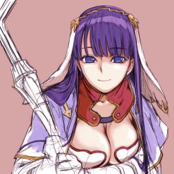 Rule 34 | 1girl, blue eyes, breasts, cleavage, cleavage cutout, clothing cutout, fate/grand order, fate (series), large breasts, light smile, long hair, looking at viewer, martha (fate), purple hair, simple background, sketch, smile, solo, takahashi keitarou, upper body