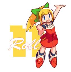 Rule 34 | 1girl, arm up, blonde hair, blue eyes, blunt bangs, bow, capcom, character name, clenched hand, dress, fringe trim, full body, green bow, hair bow, hair ornament, high ponytail, hood, hood down, hooded dress, hoodie, long hair, long hoodie, mega man (classic), mega man (series), mega man 11, open mouth, pokeno255, ponytail, red dress, red footwear, roll (mega man), shoes, sidelocks, simple background, white background