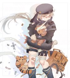 Rule 34 | 1girl, aqua hair, bad id, bad pixiv id, bandaged leg, bandages, beret, black gloves, black hat, black jacket, blue footwear, boots, closed mouth, feet out of frame, girls&#039; frontline, gloves, gun, handgun, hat, holding, holding gun, holding weapon, hs2000, hs2000 (girls&#039; frontline), hug, jacket, long hair, looking away, one eye closed, patch, rabb horn, red eyes, simple background, solo, standing, teardrop, toy, weapon