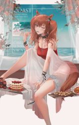 Rule 34 | 1girl, angelina (arknights), angelina (summer flower) (arknights), animal ears, arknights, bare legs, bare shoulders, barefoot, blue sky, blush, bottle, bracelet, breasts, brown eyes, brown hair, cake, casual one-piece swimsuit, cleavage, cutting board, day, eating, feet out of frame, food, fork, fox ears, fox girl, fox tail, fruit, hair ribbon, highres, holding, holding fork, horizon, infection monitor (arknights), jewelry, knee up, long hair, looking at viewer, medium breasts, necklace, ocean, official alternate costume, one-piece swimsuit, one eye closed, outdoors, parted lips, plate, red one-piece swimsuit, red ribbon, revision, ribbon, see-through, sky, solo, strawberry, swimsuit, swimsuit cover-up, tail, thigh strap, twintails, water, xi-u