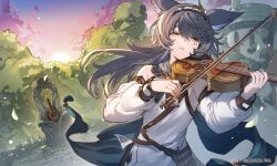 Rule 34 | 1girl, animal ears, black hair, cantate (granblue fantasy), erune, facial mark, granblue fantasy, hairband, highres, holding, holding instrument, holding violin, instrument, long hair, lute (instrument), music, official art, open mouth, playing instrument, pouch, shrine, solo, sunset, thick eyebrows, upper body, violin, yellow eyes