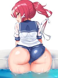 Rule 34 | 1girl, absurdres, ass, blush, hair ribbon, highres, i-168 (kancolle), kantai collection, kurokoshou (emuburemu123), long hair, looking back, one-piece swimsuit, open mouth, partially submerged, ponytail, red eyes, red hair, ribbon, school uniform, see-through, serafuku, solo, swimsuit, swimsuit under clothes, wedgie, wet, wet clothes