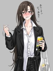 Rule 34 | alcohol, bag, bandaid, bandaid on face, black coat, blush, breasts, brown eyes, brown hair, can, cigarette, cleavage, coat, detective, dress shirt, fuku (fuku12290574), highres, holding, holding can, long hair, long sleeves, looking at viewer, original, partially unbuttoned, plastic bag, shirt, simple background, smoking, strong zero, unkempt, very long hair
