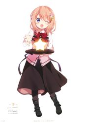 Rule 34 | 1girl, ;d, absurdres, black footwear, black pantyhose, black skirt, boots, bow, bowtie, collared shirt, flower, full body, gochuumon wa usagi desu ka?, hair flower, hair ornament, hairclip, highres, holding, holding plate, hoto cocoa, koi (koisan), light brown hair, long hair, long skirt, long sleeves, looking at viewer, one eye closed, open mouth, pantyhose, pink flower, pink vest, plate, purple eyes, rabbit house uniform, red bow, red bowtie, shiny clothes, shiny legwear, shirt, simple background, skirt, smile, solo, standing, vest, white background, white shirt, wing collar