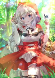 Rule 34 | 1girl, :d, animal, animal on hand, backlighting, baguette, basket, black ribbon, blue eyes, blurry, blurry background, bottle, braid, bread, breasts, bug, butterfly, butterfly on hand, candy, capelet, commentary request, day, depth of field, fate/grand order, fate (series), food, hands up, head tilt, highres, hood, hood up, hooded capelet, insect, iroha (shiki), lollipop, long hair, looking at viewer, marie antoinette (fate), medium breasts, neck ribbon, official alternate costume, open mouth, outdoors, pleated skirt, red capelet, red skirt, ribbon, shirt, sidelocks, silver hair, single braid, skirt, smile, solo, swirl lollipop, thighhighs, very long hair, white shirt, wine bottle