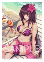 Rule 34 | 1girl, alternate costume, beach, beach chair, bikini, border, bracelet, breasts, bridal garter, cleavage, cocktail glass, collarbone, crossed legs, cup, day, drinking glass, fate/grand order, fate (series), flower, food, fruit, gae bolg (fate), hair flower, hair intakes, hair ornament, haoni, hibiscus, holding, holding cup, jewelry, large breasts, looking at viewer, navel, ocean, orange (fruit), page number, pink bikini, plate, purple bikini, purple hair, purple sarong, red eyes, sample watermark, sand, sarong, scathach (fate), scathach (fate/grand order), scathach (swimsuit assassin) (fate), sitting, smile, solo, strawberry, swimsuit, table, watermark, white border