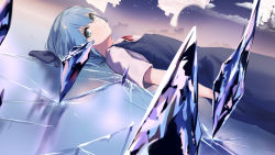 Rule 34 | 1girl, blouse, blue bow, blue dress, blue eyes, blue hair, bow, cirno, cityscape, cloud, commentary, crack, crystal, dot mouth, dqn (dqnww), dress, hair between eyes, hair bow, ice, looking at viewer, lying, neck ribbon, on back, red ribbon, ribbon, shirt, short hair, short sleeves, solo, touhou, white shirt