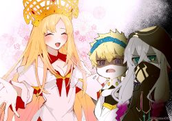 Rule 34 | 1girl, 2boys, asclepius (fate), blonde hair, castor (fate), chibi, crossed arms, europa (fate), closed eyes, fate/grand order, fate (series), floral background, highres, hood, itumo00, long hair, mask, multiple boys, outstretched arms, shaded face, smile, tiara, twitter username, white hair