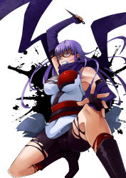 Rule 34 | 1girl, 52ikaros, absurdres, arm up, bad id, bad pixiv id, bike shorts, blue eyes, boots, breasts, clenched teeth, gintama, glasses, gloves, highres, knee boots, kunai, large breasts, long hair, ninja, purple hair, purple scarf, red-framed eyewear, sarutobi ayame, scarf, solo, squatting, teeth, weapon, white background