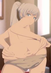Rule 34 | 1girl, anus, anus only, artist name, ass, ass grab, blue eyes, grabbing own ass, long hair, looking at viewer, looking back, necromalock, nude, official style, panties, panty pull, ponytail, rwby, skindentation, solo, spread ass, uncensored, underwear, weiss schnee, white hair