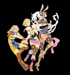 Rule 34 | 3girls, animal ears, armor, ashelia b&#039;nargin dalmasca, bare shoulders, belt, belt buckle, black background, black collar, black footwear, black leotard, blonde hair, blue belt, blue eyes, blue leotard, bodysuit, boots, breastplate, brown bracelet, brown footwear, buckle, character request, check character, collar, commentary, commission, curly hair, dark-skinned female, dark skin, detached collar, english commentary, final fantasy, final fantasy xii, flower, fran (ff12), frown, full body, gold headwear, gold trim, grey headwear, hair flower, hair ornament, helmet, high heels, holding hands, knee boots, lace trim, leg up, leotard, long hair, looking at another, midriff, miniskirt, multiple girls, navel, open mouth, parted lips, pauldrons, penelo, pink footwear, pink skirt, rabbit ears, red eyes, red flower, short hair, shoulder armor, simple background, skirt, sleeveless, sleeveless bodysuit, smile, teeth, very long hair, white armor, white hair, yellow bodysuit, yutaan