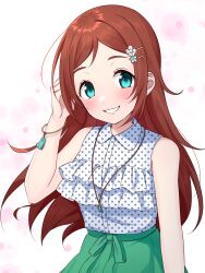 Rule 34 | 1girl, absurdres, aqua eyes, bare shoulders, blue shirt, bow, bracelet, breasts, brown hair, commentary, dot nose, frilled shirt, frills, gradient background, green bow, green eyes, green skirt, hair ornament, hairclip, hand up, highres, idolmaster, idolmaster cinderella girls, idolmaster cinderella girls starlight stage, imura setsuna, jewelry, large breasts, long hair, looking at viewer, mntt re4, necklace, open mouth, pink background, polka dot, polka dot shirt, shirt, skirt, sleeveless, sleeveless shirt, smile, solo, upper body, waist bow