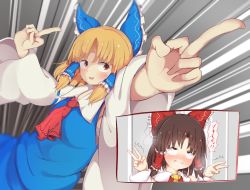 Rule 34 | 2girls, absurdres, ahegao, akabeco, benikurage (cookie), blonde hair, blue bow, blush, bow, brown hair, cookie (touhou), double v, foreshortening, hair bow, hair tubes, hakurei reimu, highres, looking away, middle finger, multiple girls, parted lips, red bow, red eyes, short hair, smile, touhou, v