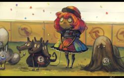 Rule 34 | 1girl, cerberus, clothes writing, commentary, competition, dog, english text, hecatia lapislazuli, koto inari, leash, letterboxed, multicolored clothes, multicolored skirt, red hair, shirt, short hair, skirt, t-shirt, touhou