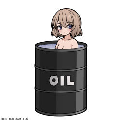 Rule 34 | 1girl, artist name, azur lane, bathing, blush, breasts, brown hair, chinese commentary, cleavage, closed mouth, collarbone, commentary, completely nude, dated, drum (container), drum bath, grey eyes, hair between eyes, highres, in container, looking at viewer, medium breasts, nude, partially submerged, rock zinc, short hair, simple background, solo, water, white background, z23 (azur lane)