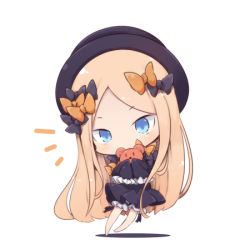 Rule 34 | 1girl, ^^^, abigail williams (fate), barefoot, beni shake, black hat, blonde hair, blue eyes, chibi, covering own mouth, dress, fate/grand order, fate (series), frilled dress, frilled sleeves, frills, full body, hair ribbon, hat, long hair, long sleeves, looking at viewer, lowres, parted bangs, ribbon, shadow, simple background, very long hair, white background