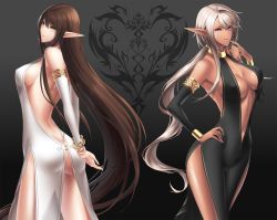 Rule 34 | 2girls, ass, back, backless outfit, bad id, bad pixiv id, bracelet, breasts, brown hair, butt crack, center opening, cleavage, contrast, dress, elf, green eyes, grey hair, halterneck, highres, jewelry, large breasts, long hair, long pointy ears, lots of jewelry, multiple girls, no panties, pixiv fantasia, pixiv fantasia sword regalia, pointy ears, purple eyes, revealing clothes, sideboob, sigm@, smile, very long hair