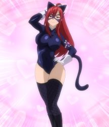 Rule 34 | 1girl, animal ears, black footwear, black leotard, black tail, black thighhighs, boots, breasts, emphasis lines, erza scarlet, fairy tail, fairy woman, female focus, fishnet thighhighs, fishnets, gloves, hand on own hip, hand on own head, heart, leather, leotard, long hair, looking at viewer, mask, pink background, ponytail, red hair, screencap, solo, stitched, tail, thighhighs, third-party edit, white gloves
